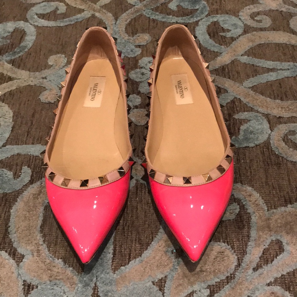 Valentino Pink and Tan Flats with Studded Trim
